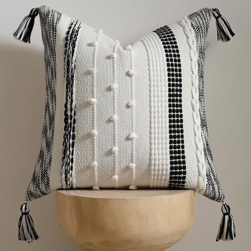DEZENE Boho Pillow Cover 18x18 Black - Handmade Woven Textured Throw Pillow Case with Cordings & Tassels, Decorative Accent for Couch Sofa Bed Farmhouse Living Room Bedroom Home Decor | Amazon (US)