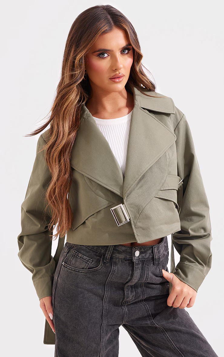 Khaki Cropped Trench Belted Jacket | PrettyLittleThing UK