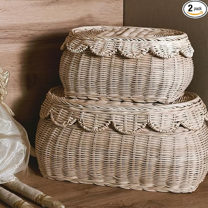 CAALMA Scalloped Basket - Set of 2 Rattan Basket - Wicker Storage Basket with Lid - Decorative Sm... | Amazon (US)