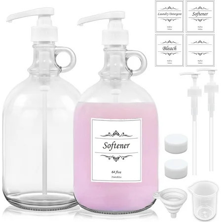 2 Pack Laundry Detergent Dispenser with Pump and Lid, 64 Oz Glass Bottles for Laundry Room Organization and Storage, Fabric Softener Dispenser for Washer | Walmart (US)