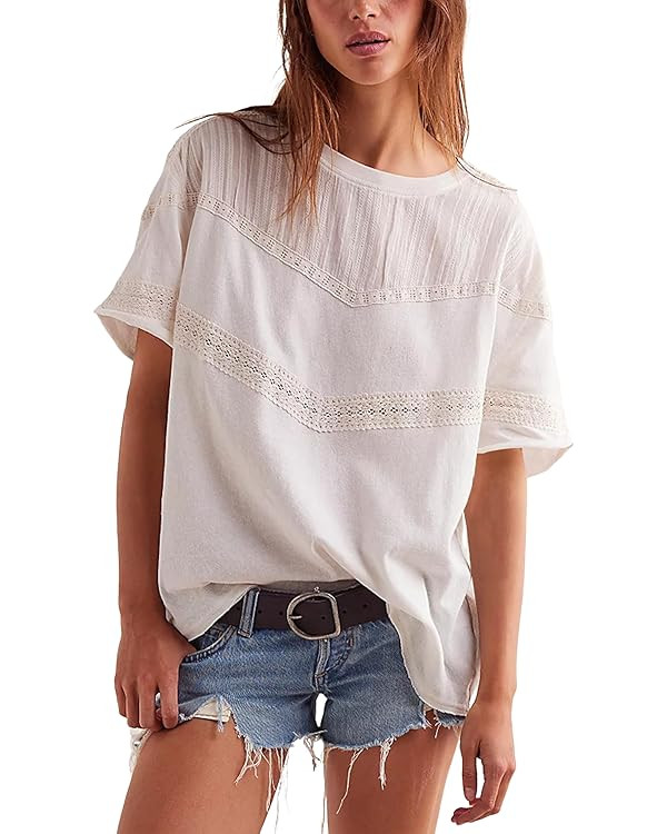 Yidarer Womens Summer Lace Crochet Tops Crewneck Short Sleeve Cute Shirts Casual Cotton Boho Blou... | Amazon (US)