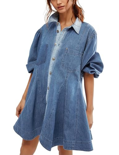 Gozoloma Women's Denim Dress Long Balloon Sleeves Button Down A Line Swing Ruffle Jean Mini Babydoll Dress with Chest Pocket(DarkBlue-L) | Amazon (US)