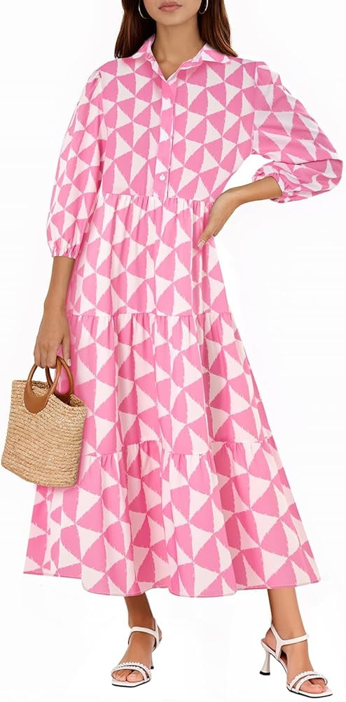 Wenrine Womens Casual 3/4 Sleeve Shirt Dress Button Down V Neck Tiered Collared Flowy Maxi Dress | Amazon (US)