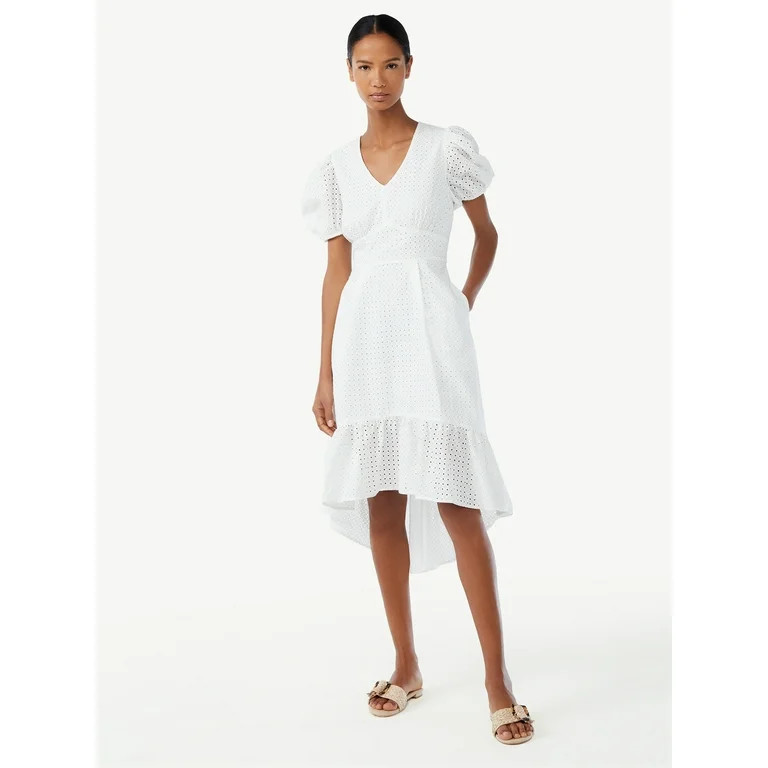Scoop Women's High Low Eyelet Midi Dress with Puff Sleeves | Walmart (US)