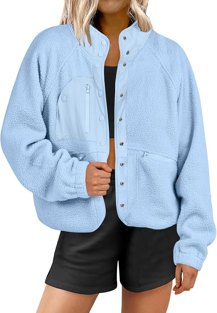 ANRABESS Womens Fuzzy Fleece Jacket Fall Casual Long Sleeve Cropped Sherpa Button Down Shacket Co... | Amazon (US)