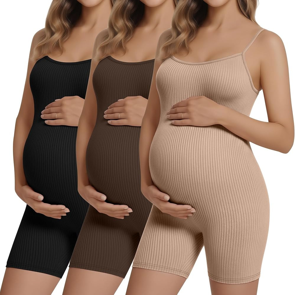 3 Pack Women's Maternity Ribbed Rompers Pregnancy Camis Shorts Sleeveless Tanks Spaghetti Strap B... | Amazon (US)