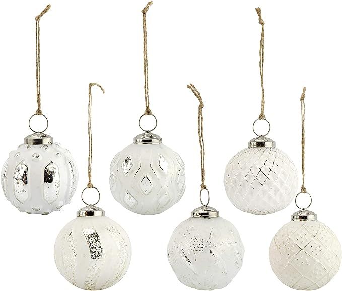 AuldHome Farmhouse Ball Ornaments (Set of 6, White); Distressed Metal Glass Ball Vintage Style Ch... | Amazon (US)