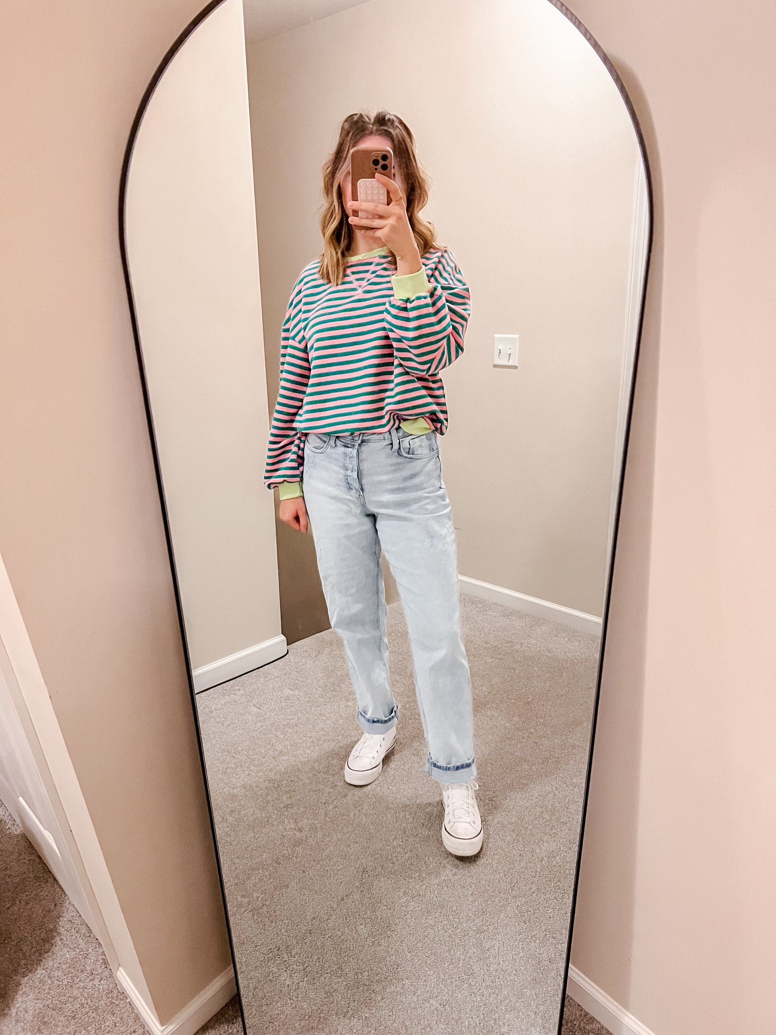 Jeans. High waisted jeans. Women Oversized Striped Color Block Long Sleeve Crew Neck Sweatshirt Casual Loose Pullover Y2K Shirt Top. Platform sneakers. Spring. 

#LTKSeasonal #LTKfindsunder50 #LTKstyletip