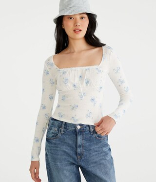 Long Sleeve Floral Ruched Pointelle Top | Aeropostale