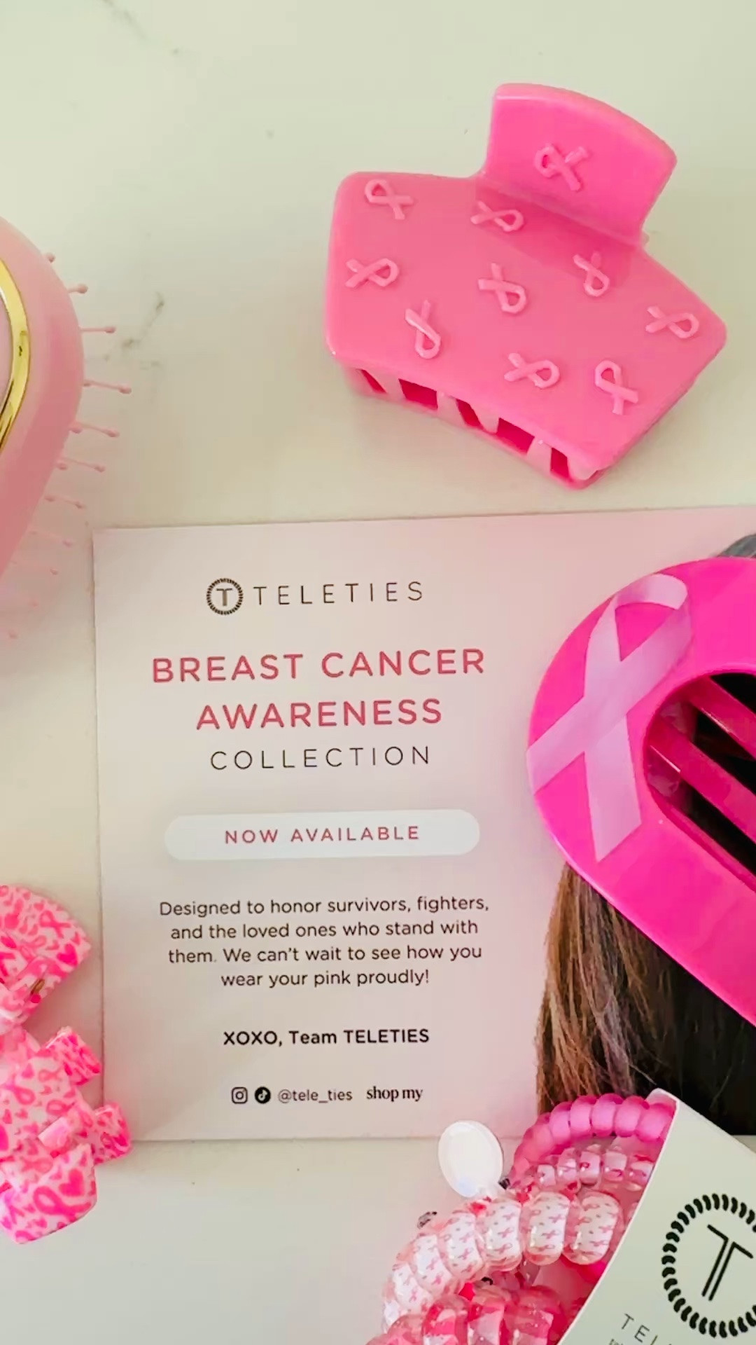 @Teleties Breast Cancer Awareness collection. 20% of net proceeds benefit Breast Cancer Care at AdventHealth.

Teleties breast cancer awareness, Teleties, breast cancer awareness month, pink hair accessories, spiral hair ties, claw clip, pink ribbon, shop for a cause, stocking stuffer, gift for her