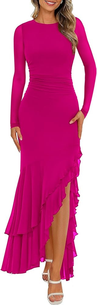 BTFBM Women's Maxi Dresses Spring 2026 Long Sleeve Ruched Bodycon Solid Ruffle Mermaid Cocktail W... | Amazon (US)