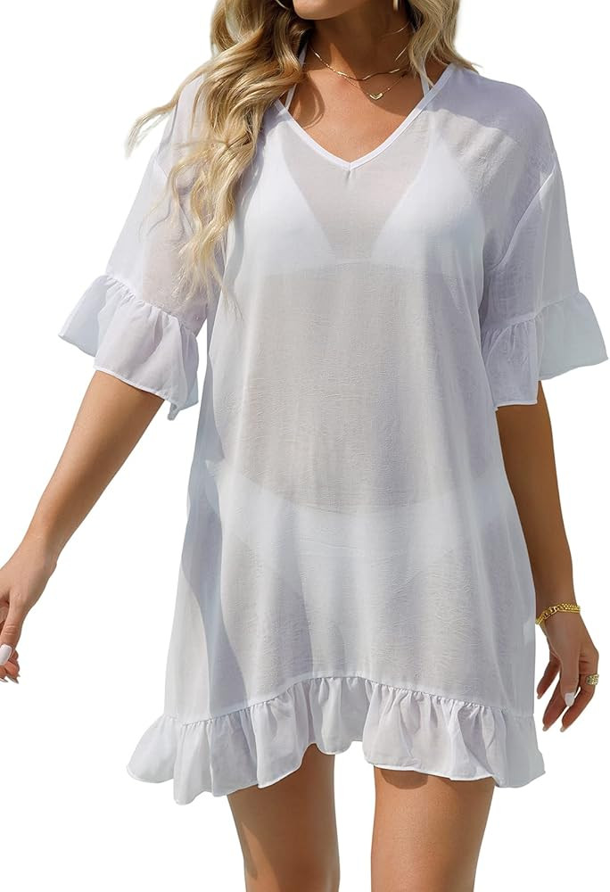 Zastow Women's Swimsuits Beach Cover Up Loose V-Neck Bikini Sheer Bathing Suits Summer Dress Beachwe | Amazon (US)