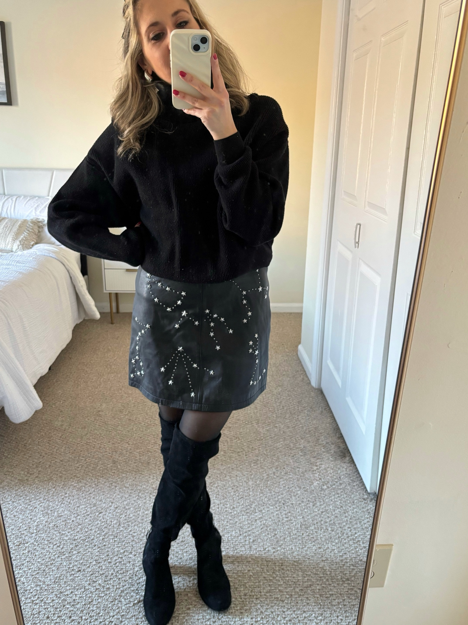 Free people sweater and all saints skirt. Both sold out but linked similar 

#LTKGiftGuide #LTKHoliday #LTKSeasonal