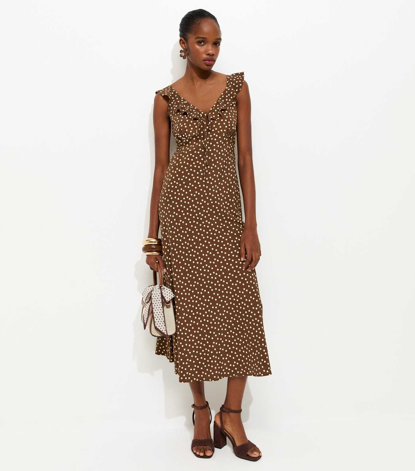 Brown Ruffle Strap Polka Dot Midi Dress | New Look | New Look (UK)