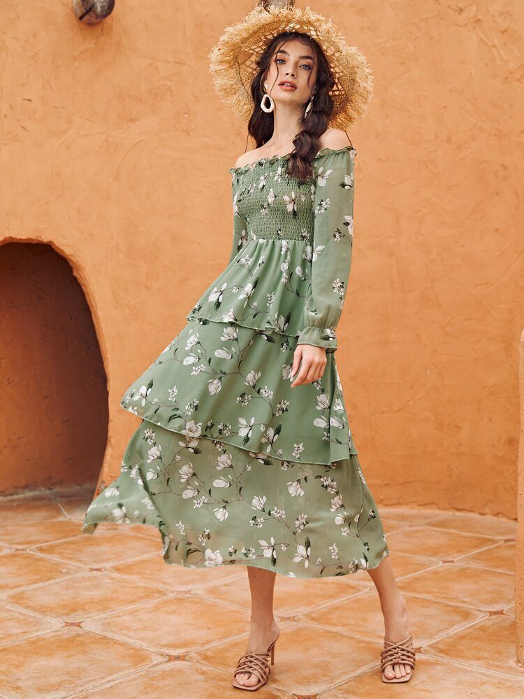 Bardot Floral Print Shirred Tiered Hem A-line Dress | SHEIN