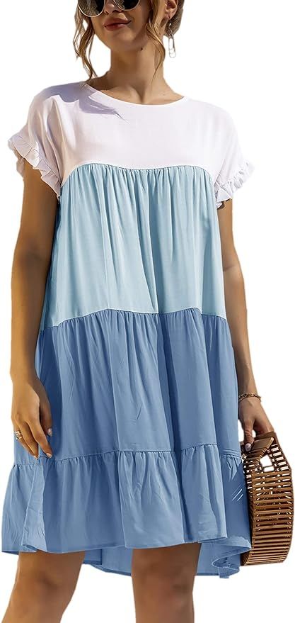 Angashion Women’s Summer Tunic Dress Round Neck Short Sleeve Ruffle Casual Loose Flowy Babydoll... | Amazon (US)