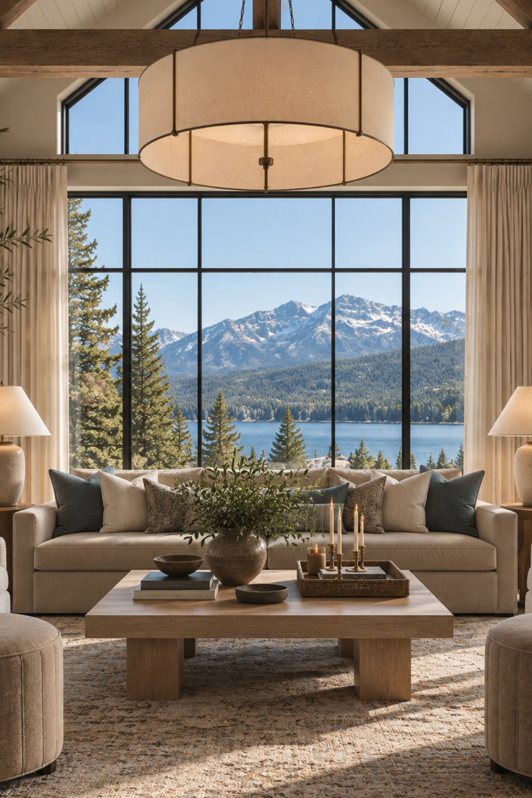 Mountain Modern Living Room Views 🏔️ This light-filled living room blends organic modern design with warm mountain home style, featuring soaring vaulted ceilings, exposed wood beams, dramatic black-framed windows, and an incredible lake and mountain view. A neutral sofa, cozy upholstered swivel chairs, oversized natural wood coffee table, vintage-inspired area rug, ceramic table lamps, soft blue accent pillows, and layered greenery create an elevated yet inviting retreat. The oversized linen drum chandelier and floor-to-ceiling curtains add softness and scale for a timeless luxury lodge aesthetic. 🖤 If you want to see more content like this, FOLLOW maeveandmodern on LTK, Instagram, and Pinterest! Check out our blog where we post daily, maeveandmodern.com! Mountain Modern Living Room | Mountain Home Decor | Organic Modern Living Room | Luxury Mountain Home | Neutral Living Room | Modern Lodge Decor | Rustic Modern Interior | Vaulted Ceiling Living Room | Exposed Wood Beams | Black Frame Windows | Floor to Ceiling Windows | Neutral Sofa | Swivel Accent Chairs | Oversized Coffee Table | Natural Wood Furniture | Linen Drum Chandelier | Statement Lighting | Vintage Inspired Rug | Neutral Area Rug | Ceramic Table Lamps | Blue Accent Pillows | Floor to Ceiling Curtains | Organic Modern Decor | Cozy Luxury Living Room | Lake House Interior | Mountain House Inspiration | Warm Neutral Home | Designer Living Room | Elevated Home Decor

#LTKHome #LTKSaleAlert #LTKSeasonal
