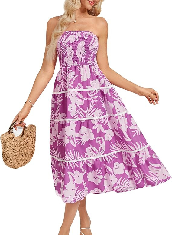 GRACE KARIN 2025 Women's Summer Floral Dress Strapless Smocked Tube Dress Boho Beach A-Line Midi ... | Amazon (US)