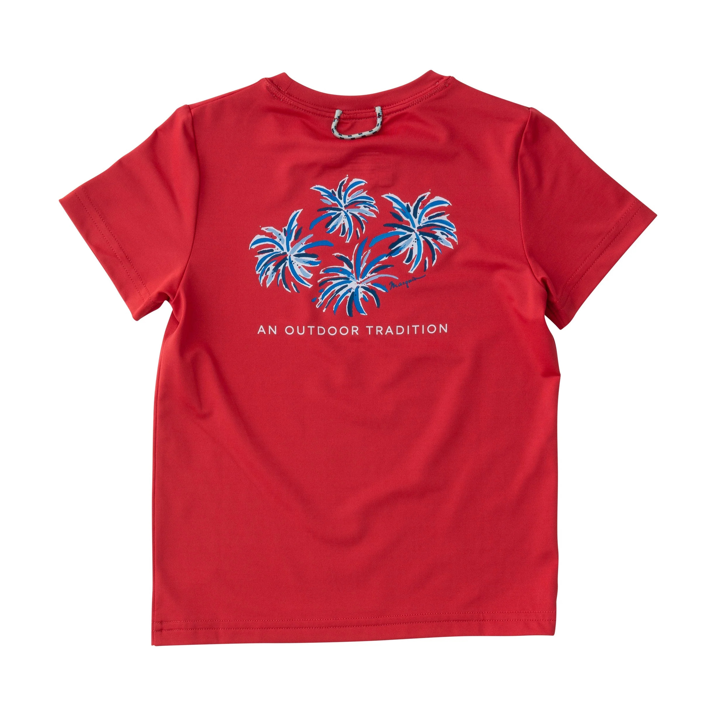 Kids Pro Performance Short Sleeve Fishing T-shirt in Watermelon Red with 4th of July Fireworks | PRODOH