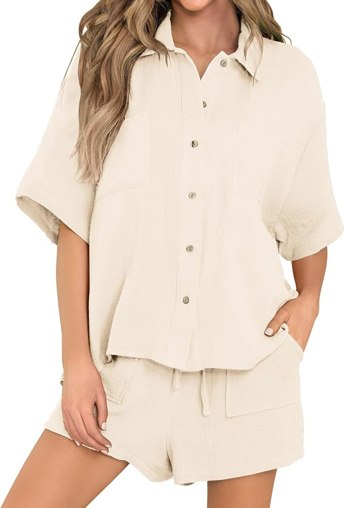 ROYLAMP 2024 Women's Summer 2 Piece Outfits Cap Sleeves Button Down Shirt Lounge Shorts Tracksuit... | Amazon (US)