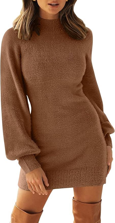 ANRABESS Women's Mock Neck Ribbed Long Sleeve Bodycon Pullover Cute Mini Sweater Dress | Amazon (US)
