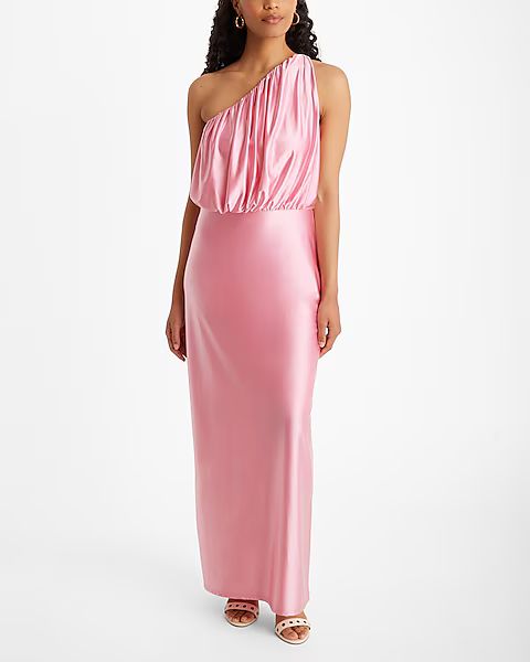 Satin One Shoulder Ruched Maxi Dress | Express (Pmt Risk)