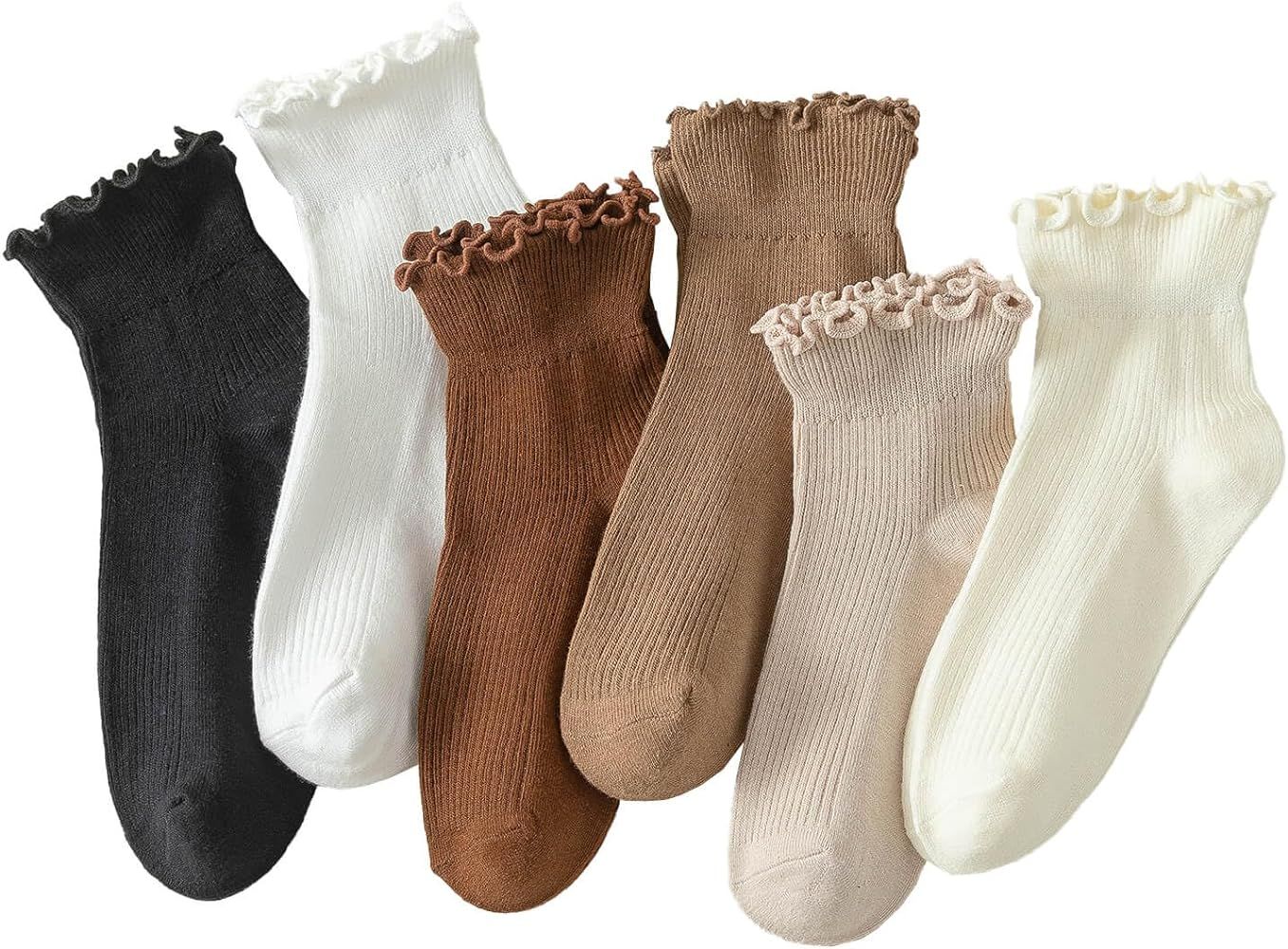 6 Pairs of Ruffle Socks Women, Ruffle Turn-Cuff Casual Cute Girl Ruffle Socks Breathable Cool Ruf... | Amazon (US)