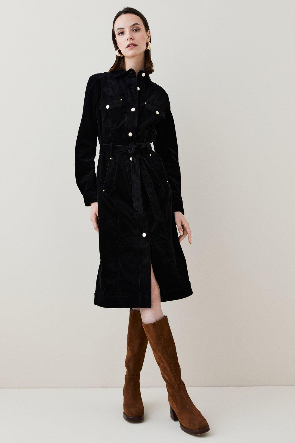 Cord Button Through Belted Midi Dress | Karen Millen US