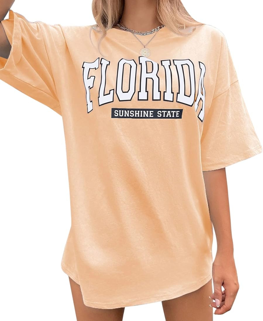 MISSACTIVER Women Florida Letter Graphic Print Tee Shirt Oversized Short Sleeve Crew Neck Drop Sh... | Amazon (US)