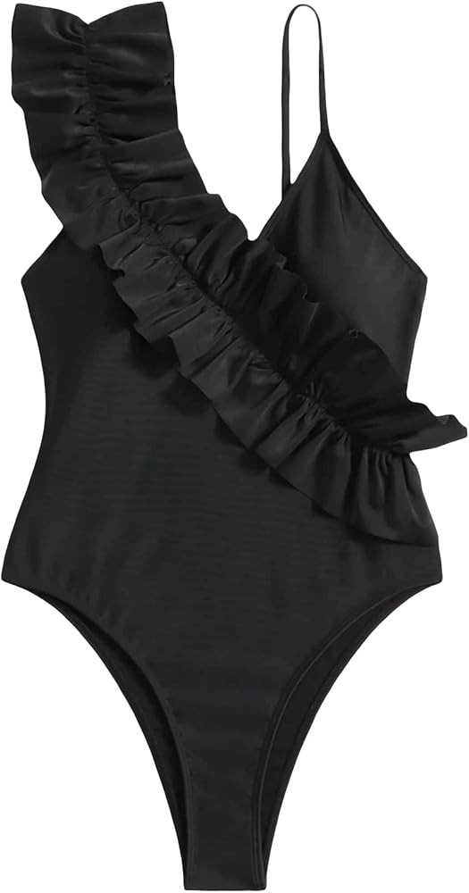 Romwe Women's One Piece Ruffle Trim Solid Basic Swimsuit Bathing Suit Swimwear | Amazon (US)