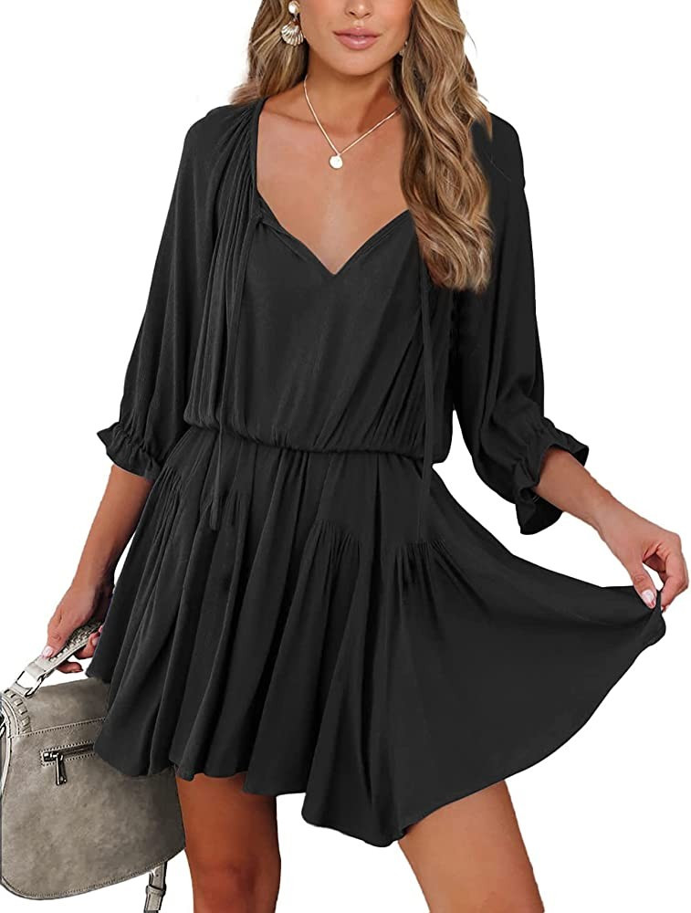 BTFBM Women Casual Summer Dresses Ruffle 3/4 Sleeve Tie V Neck High Waist Solid Soft Cute Short F... | Amazon (US)