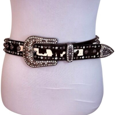 Rhinestone Buckle Cowgirl Studded Belt Sz M Glitz Black White Cow Print Leather | eBay US