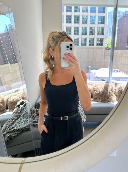 elevated trouser look for dinner

pair this look with a cardigan for in office & metallics slingbacks for after allowing you to transition from desk to drinks 

Abercrombie Sloane pants, black bodysuit, silver hoop earrings, items under $100, 

#LTKWorkwear #LTKFindsUnder100 #LTKBeauty