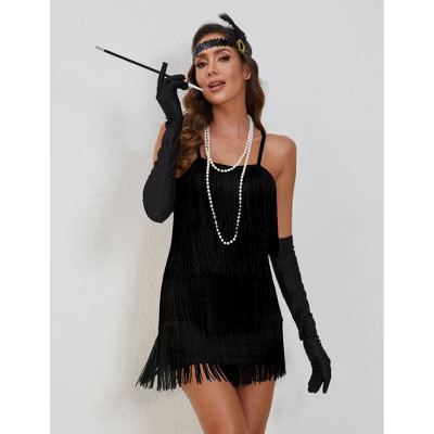 Womens Roaring 20s Costumes Flapper Dress 1920s Vintage Fringe Dress Cocktail Theme Party Dress Black M | Target
