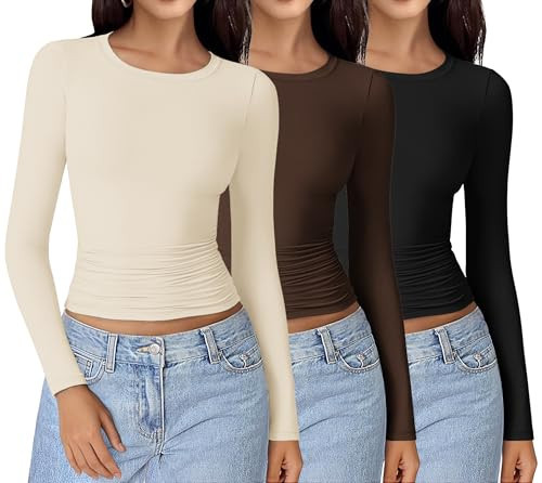 Ekouaer Womens 3 Pack Long Sleeve Shirts Ruched Side Fitted Undershirts Round Neck Underscrubs Thermal Tops Beige/Black/Brown S | Amazon (US)