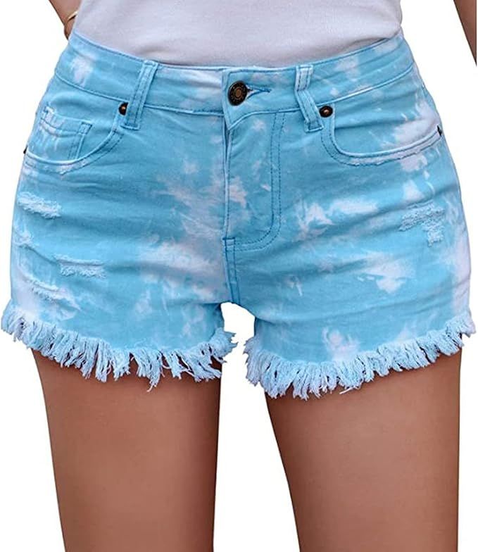 Women Tie Dye Denim Shorts Y2k E Girl Casual Relaxed Fit Frayed Raw Hem Ripped Streachy Jeans Pan... | Amazon (US)