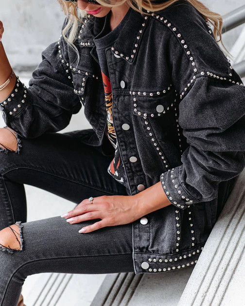 Kind Of A Big Deal Pocketed Studded Denim Jacket - Black | VICI