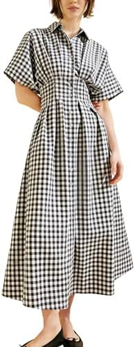 Yeokou Women Plaid Shirt Dress Short Sleeve Button Down Pleated Gingham A Line Maxi Dresses Casua... | Amazon (US)