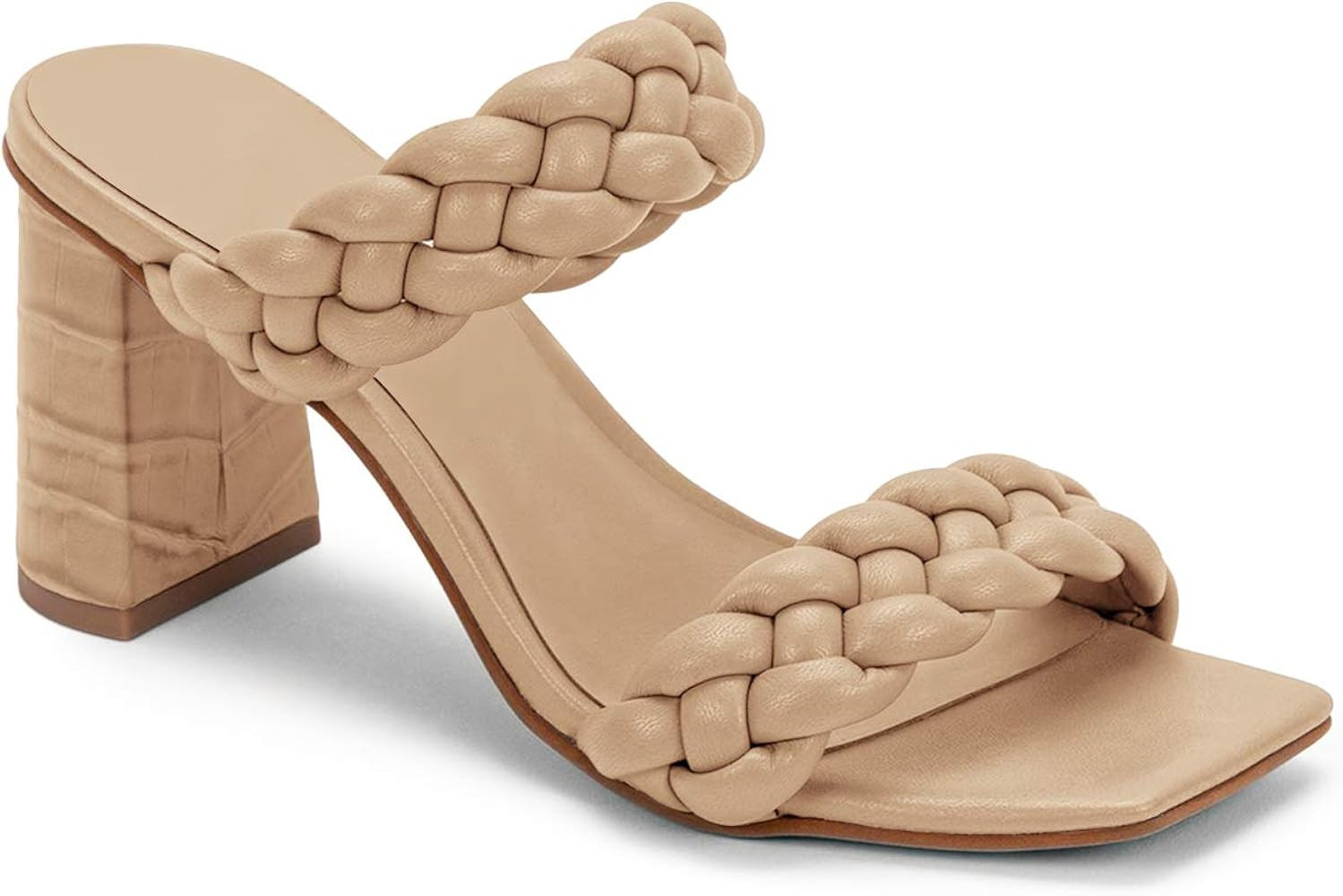 Womens Braided Heeled Sandals Backless Square Open Toe Block Strappy Slip On Slide Shoes | Amazon (US)