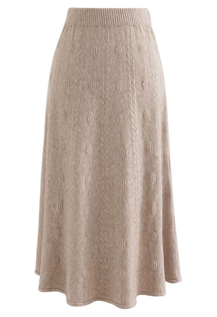 Embossed Chain A-Line Knit Skirt in Camel | Chicwish