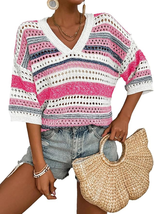 Acelitt Womens Short Sleeve Crochet Knit Sweater Hollow Out Striped Tops Beach Vacation Cruise Ou... | Amazon (US)