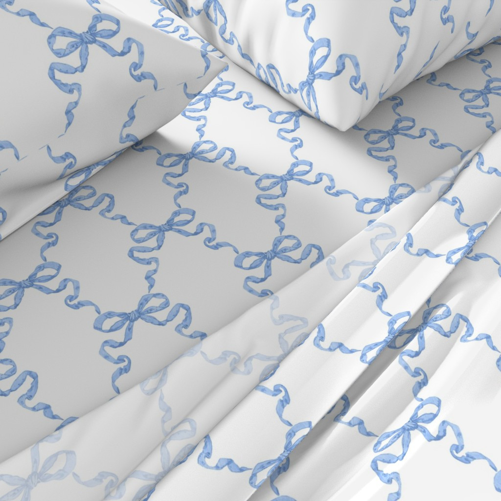 Sheet Set in Small Hannah Ribbon Trellis Cornflower on White | Spoonflower