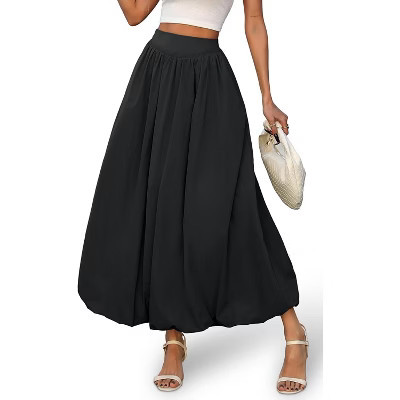 LEVEN SIXTEEN Women's Y2K Bubble Hem Maxi Skirt - Puffy A-Line Long Skirt with Pockets & Elastic Waist Black Black X-Large | Target
