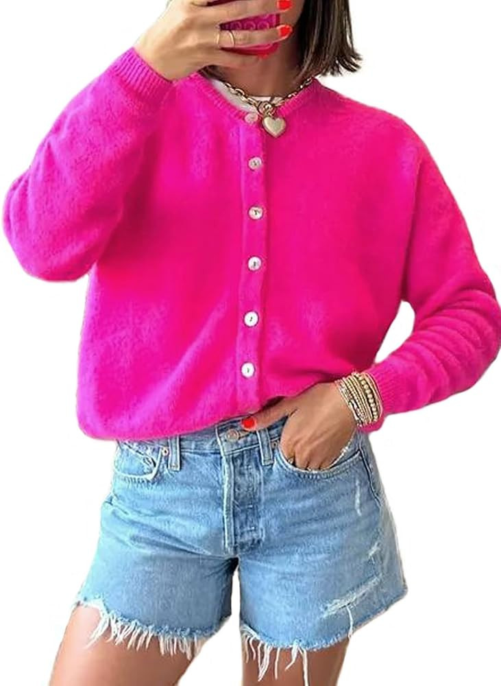 Women's Casual Cardigan Sweater Button Down Crewneck Soft Knit Lightweight Going Out Pullover Top... | Amazon (US)