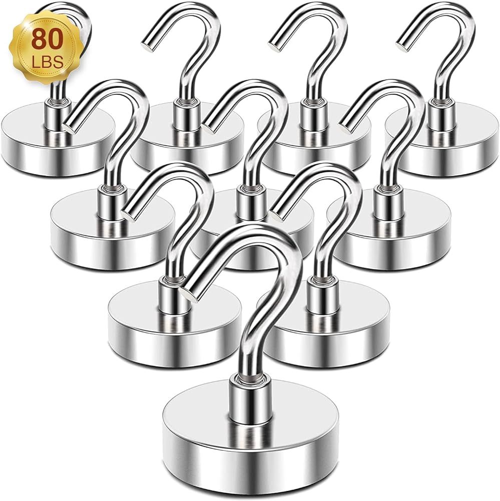 MIKEDE Magnetic Hooks, 80 Lbs Heavy Duty Earth Magnets with Hooks for Cruise Cabin, 10 Pcs Strong... | Amazon (US)
