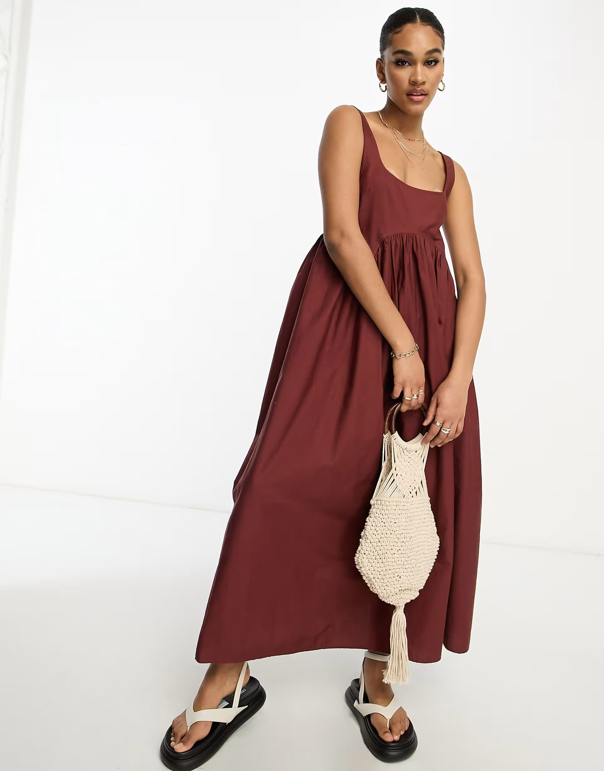 ASOS DESIGN Tall square neck midi smock sundress in rust | ASOS (Global)