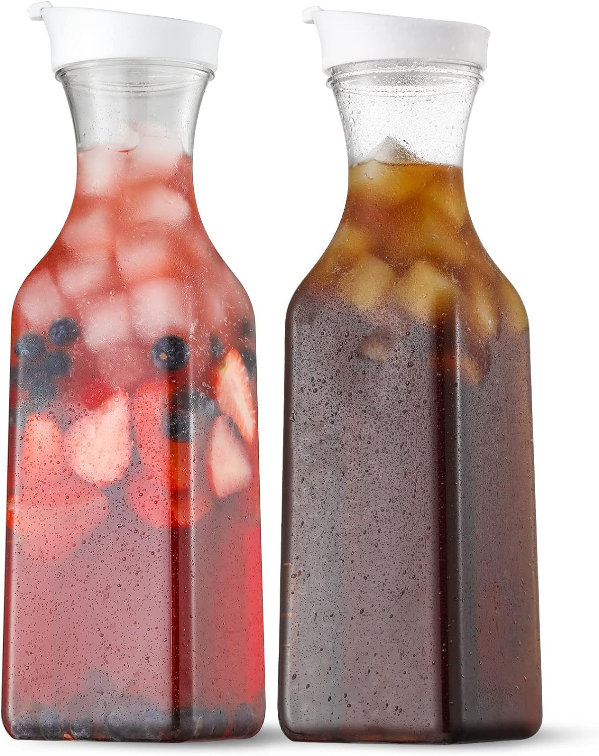 NETANY Plastic 50 Oz Water Carafe with Flip Top Lid, Set of 2 Square Base Juice Containers, Clear Plastic Pitcher - for Water, Iced Tea, Juice, Beverage, Cold Brew and Mimosa Bar - HAND WASH ONLY | Amazon (US)