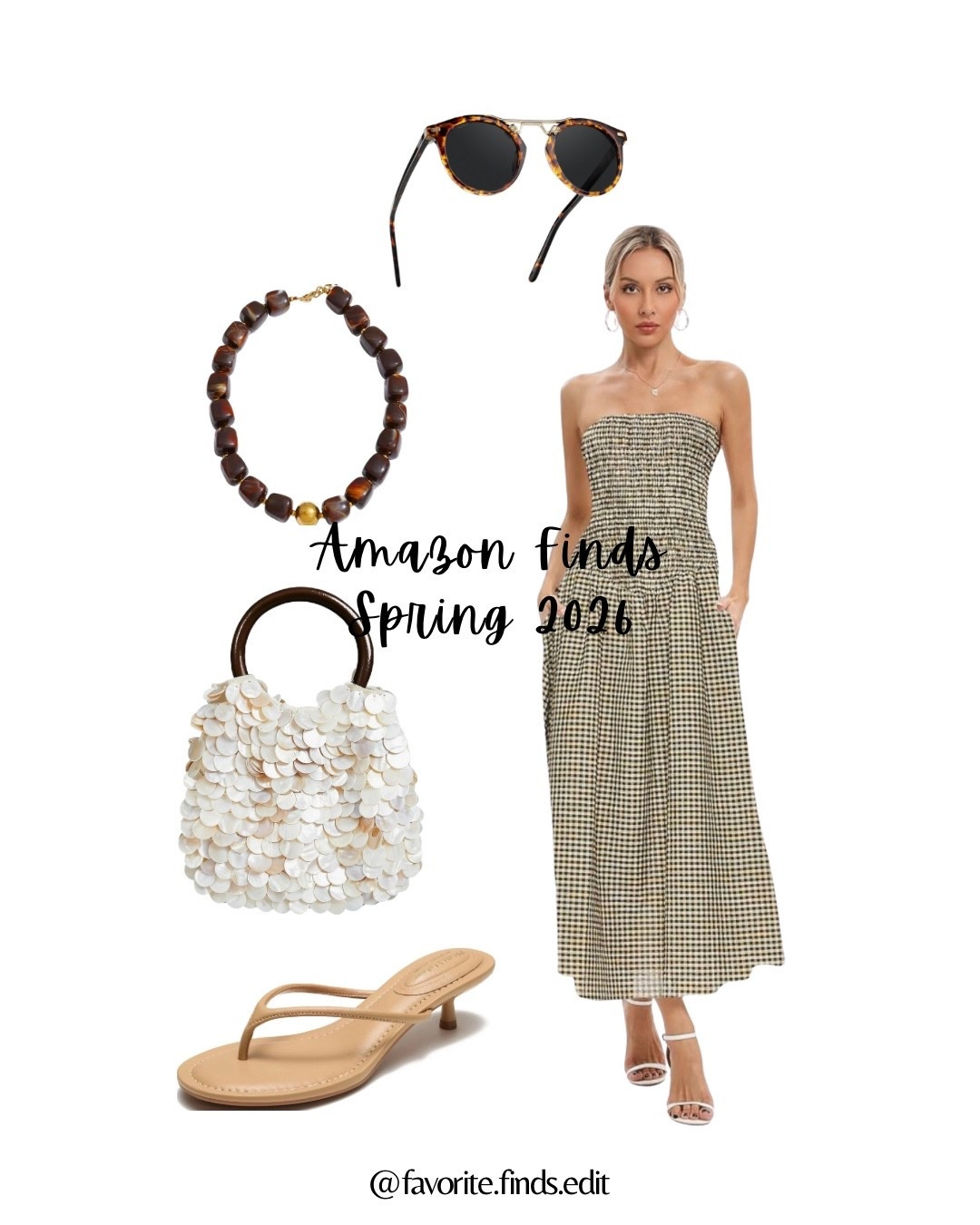 Amazon Spring 2026 favorites 🤍 All under $50!

• Strapless gingham dress
• Neutral kitten heel sandals
• Tortoise sunnies
• Statement shell bag
• Everyday chunky bracelet

Affordable pieces that look elevated and rewear beautifully.

#LTKdayinmylife #LTKOver40 #LTKootd
