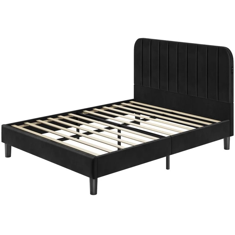 Topeakmart Queen Size Upholstered Platform Bed with Built-In USB Ports & Tufted Headboard, Black | Walmart (US)