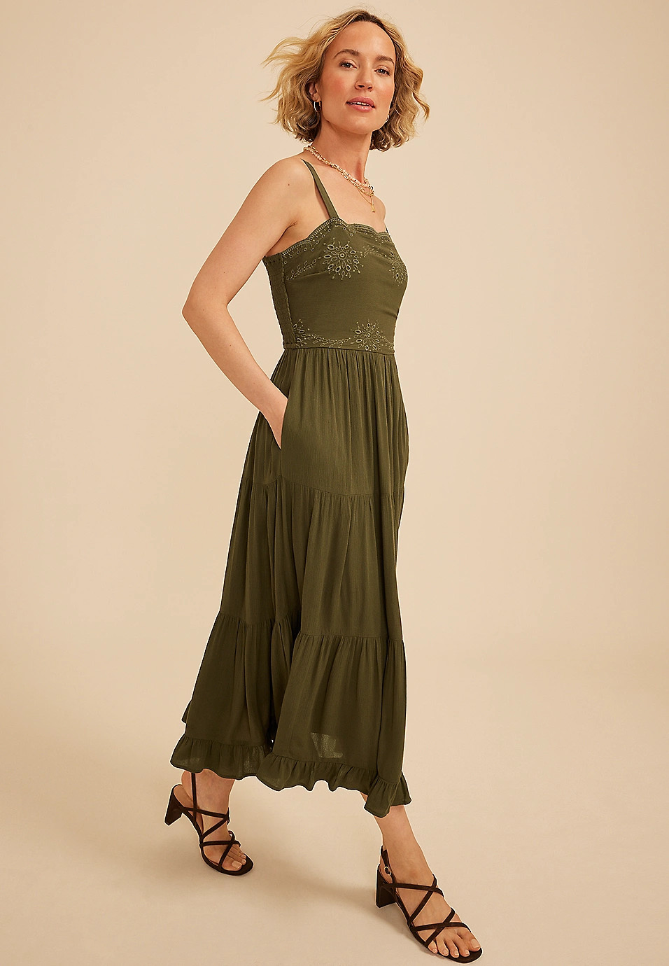 Bare Embroidered Eyelet Tiered Midi Dress | Maurices